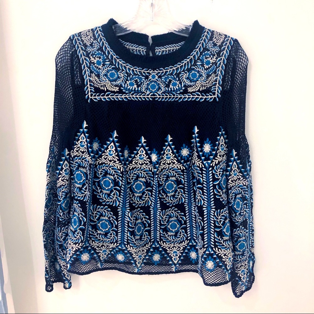 Sea NY Navy Blue Long Sleeve Embroidered Top
